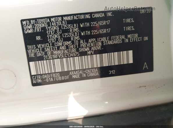 2T3G1RFV5LC134975 2020 TOYOTA LE White Vista del compartimento del motor