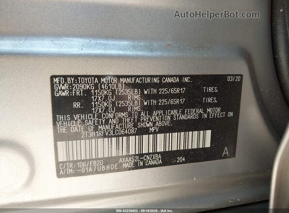 2T3H1RFV3LC064087 2020 TOYOTA LE Silver Շարժիչի բաժամունքի տեսք
