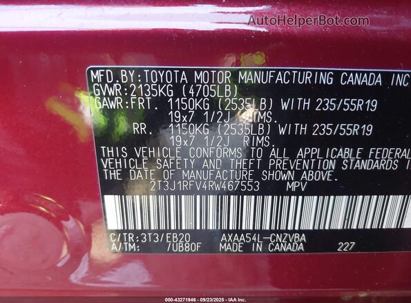 2T3J1RFV4RW467553 2024 TOYOTA RAV4 Красный Вид подкапотного пространства