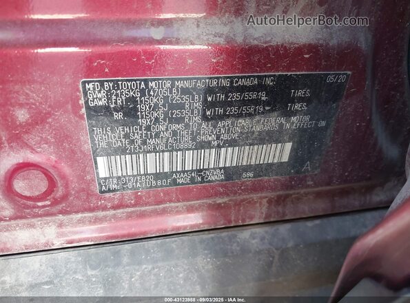 2T3J1RFV6LC108892 2020 TOYOTA RAV4 Maroon ძრავის განყოფილების ხედი