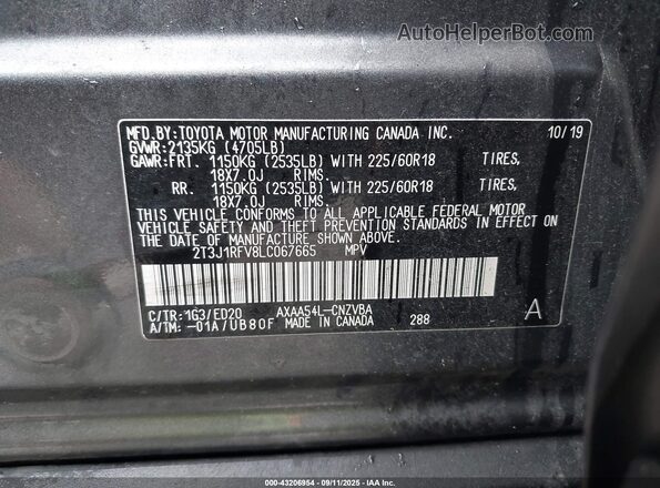 2T3J1RFV8LC067665 2020 TOYOTA RAV4 Gray Vista del compartimento del motor