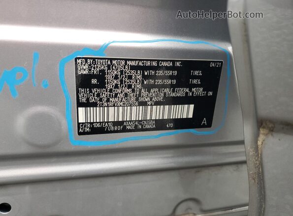 2T3N1RFVXMC207556 2021 TOYOTA LIMITED Серебряный Вид наклейки с VIN-кодом