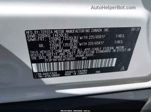 2T3P1RFV6LW136040 2020 TOYOTA LE White Вид підкапотного простору