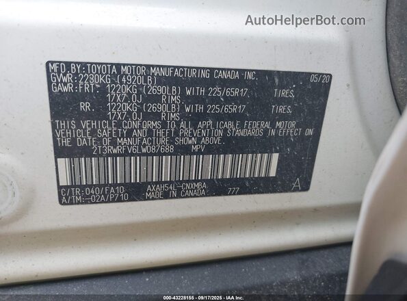 2T3RWRFV6LW087688 2020 TOYOTA LE White Vista del compartimento del motor
