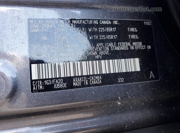 2T3W1RFV0NC212609 2022 TOYOTA LE Серый Вид наклейки с VIN-кодом