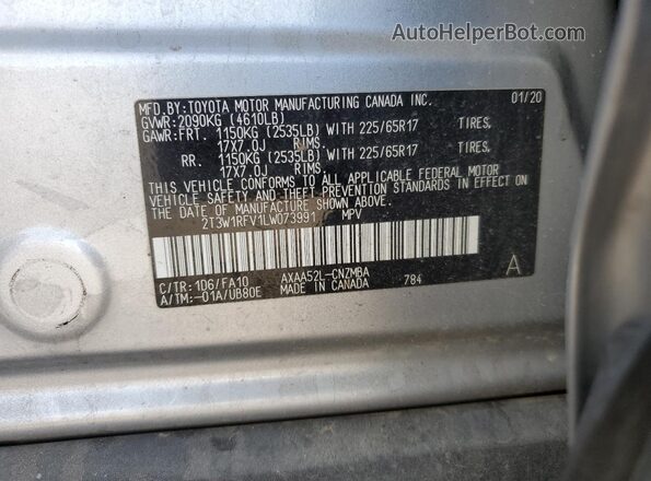 2T3W1RFV1LW073991 2020 TOYOTA LE Silver VIN կոդի պիտակի տեսք