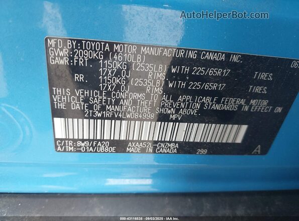 2T3W1RFV4LW084998 2020 TOYOTA LE Blue Engine compartment view