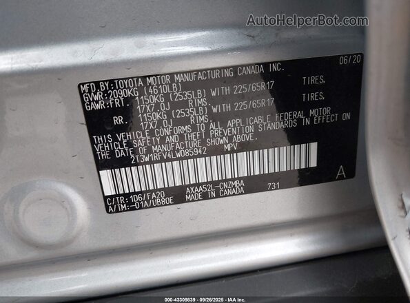 2T3W1RFV4LW085942 2020 TOYOTA LE Silver Շարժիչի բաժամունքի տեսք