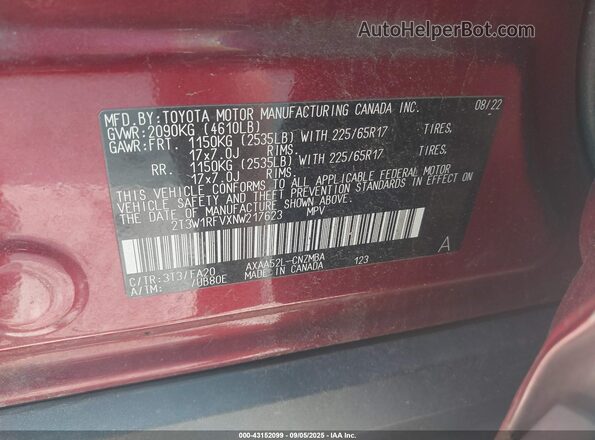 2T3W1RFVXNW217623 2022 TOYOTA LE Red Vista del compartimento del motor
