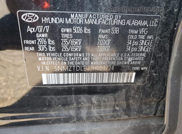 5NMZTDLB2JH053724 2018 HYUNDAI SANTA Black 