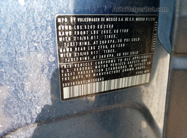 3VV1B7AX3LM100843 2020 VOLKSWAGEN TIGUAN Blue Панорамний вид салону 360°