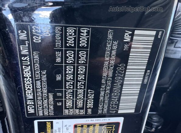 4JGFB4KB6NA692286 2022 MERCEDES-BENZ GLE-CLASS Black Вид наклейки з VIN-кодом