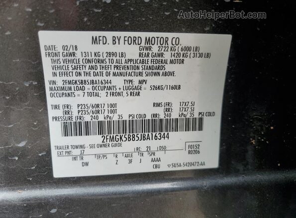 2FMGK5B85JBA16344 2018 FORD FLEX Gray 