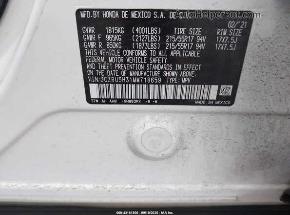 3CZRU5H31MM718659 2021 HONDA HR-V White ძრავის განყოფილების ხედი