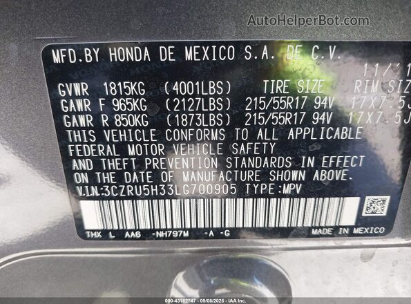 3CZRU5H33LG700905 2020 HONDA HR-V Серый Вид подкапотного пространства