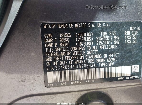 3CZRU5H35LM706934 2020 HONDA HR-V Gray ძრავის განყოფილების ხედი