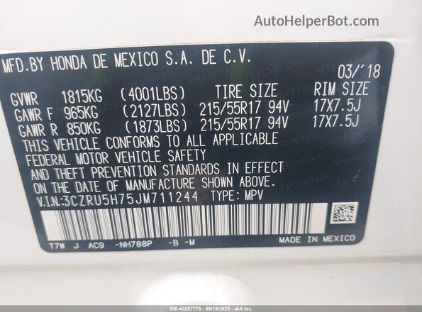 3CZRU5H75JM711244 2018 HONDA HR-V Белый 