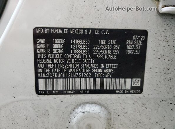 3CZRU6H12LM731262 2020 HONDA HR-V White Սալոնի 360 աստիճան տեսք