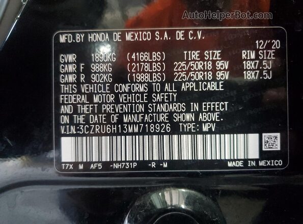 3CZRU6H13MM718926 2021 HONDA HR-V Black Панорамний вид салону 360°