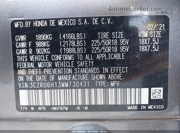 3CZRU6H13MM730431 2021 HONDA HR-V Gray Widok komory silnika