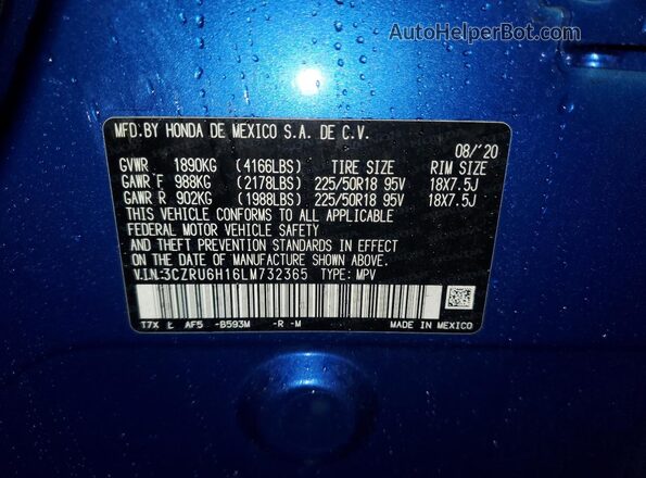 3CZRU6H16LM732365 2020 HONDA HR-V Blue VIN կոդի պիտակի տեսք