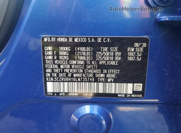 3CZRU6H16LM735749 2020 HONDA HR-V Blue Շարժիչի բաժամունքի տեսք