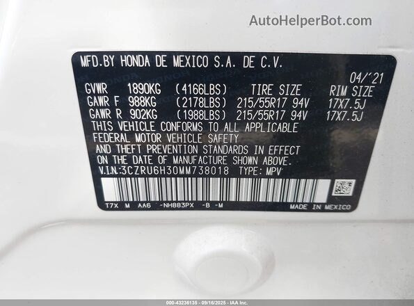 3CZRU6H30MM738018 2021 HONDA HR-V White Engine compartment view