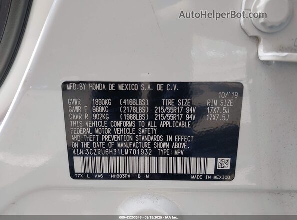 3CZRU6H31LM701932 2020 HONDA HR-V White Вид підкапотного простору