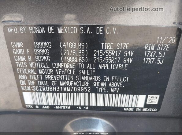 3CZRU6H31MM709952 2021 HONDA HR-V Black Engine compartment view