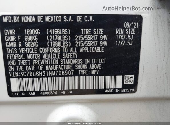 3CZRU6H31NM706907 2022 HONDA HR-V White Engine compartment view