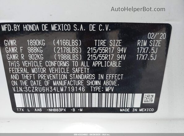 3CZRU6H34LM719146 2020 HONDA HR-V White Вид підкапотного простору