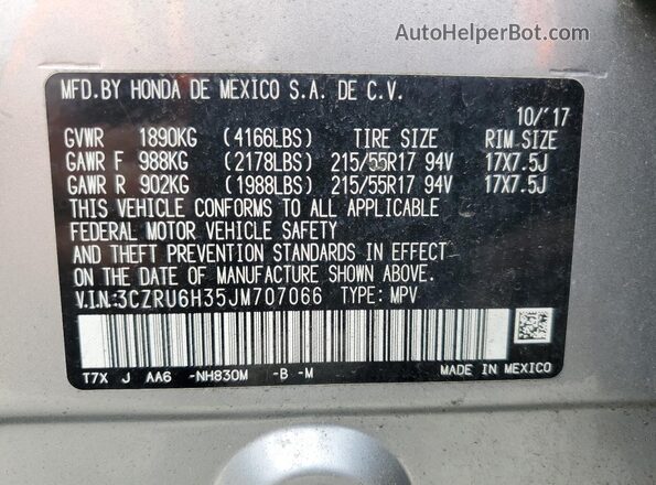 3CZRU6H35JM707066 2018 HONDA HR-V Silver 