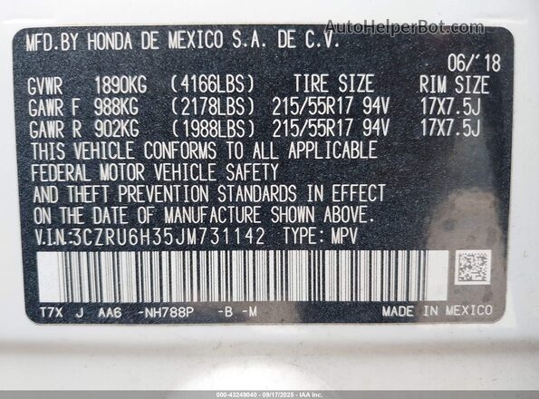 3CZRU6H35JM731142 2018 HONDA HR-V White 