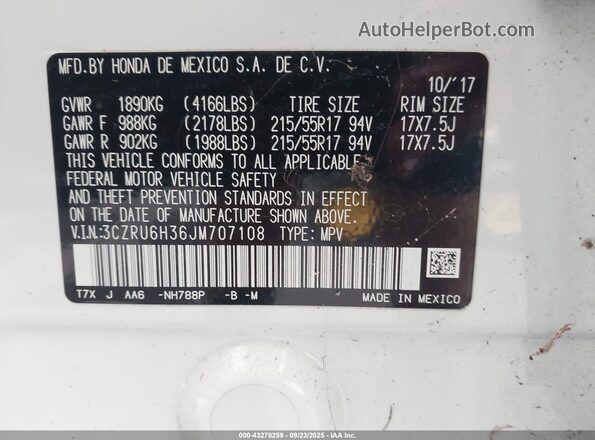 3CZRU6H36JM707108 2018 HONDA HR-V White 