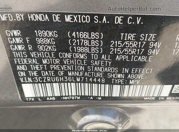 3CZRU6H36LM714448 2020 HONDA HR-V Blue Вид підкапотного простору