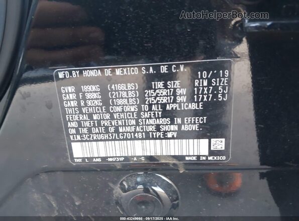 3CZRU6H37LG701481 2020 HONDA HR-V Black Շարժիչի բաժամունքի տեսք