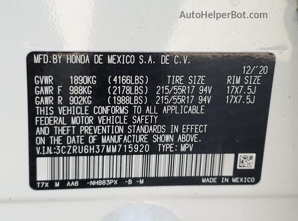 3CZRU6H37MM715920 2021 HONDA HR-V White Vista interior de 360 grados