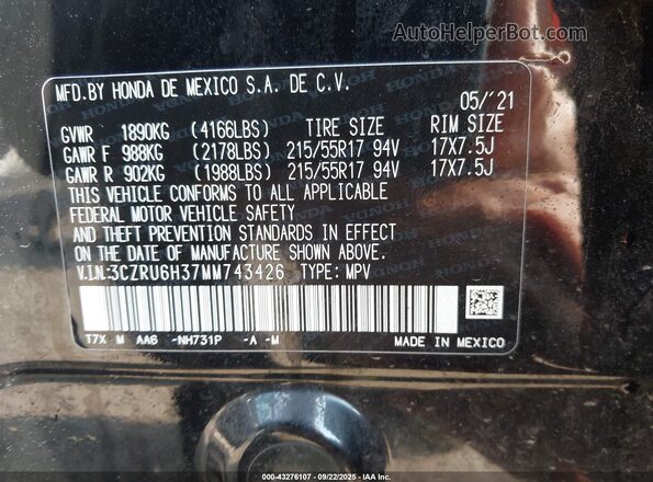 3CZRU6H37MM743426 2021 HONDA HR-V Black Vista del compartimento del motor