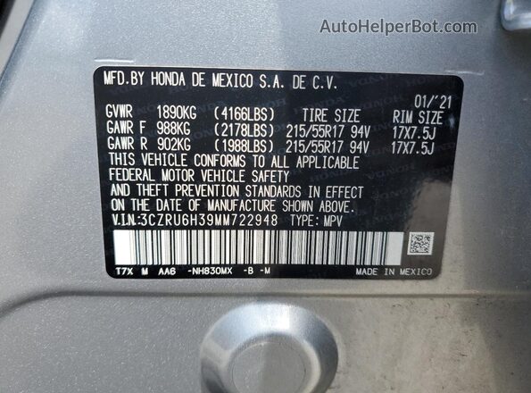 3CZRU6H39MM722948 2021 HONDA HR-V Silver ძრავის განყოფილების ხედი