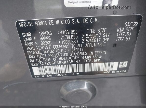 3CZRU6H39NM765347 2022 HONDA HR-V Серый Вид подкапотного пространства
