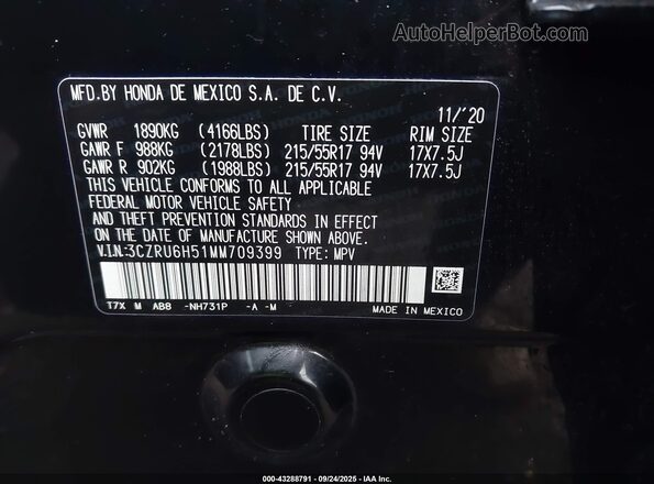 3CZRU6H51MM709399 2021 HONDA HR-V Black 