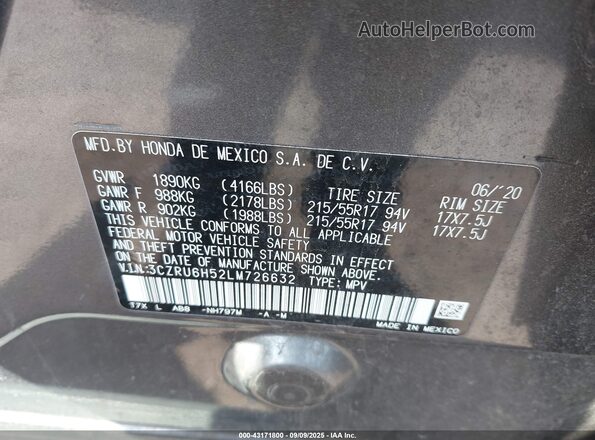 3CZRU6H52LM726632 2020 HONDA HR-V Серый Вид подкапотного пространства