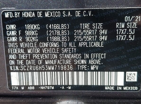 3CZRU6H53MM719836 2021 HONDA HR-V Gray Engine compartment view