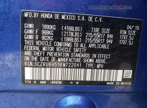 3CZRU6H55KM722041 2019 HONDA HR-V Blue VIN sticker view
