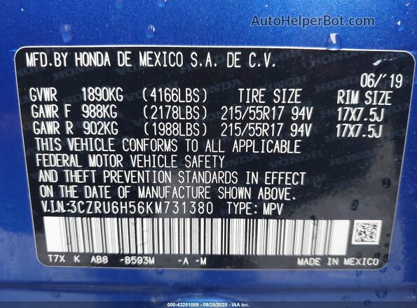 3CZRU6H56KM731380 2019 HONDA HR-V Blue Vista del compartimento del motor