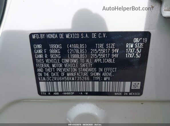3CZRU6H56KM735266 2019 HONDA HR-V White Engine compartment view
