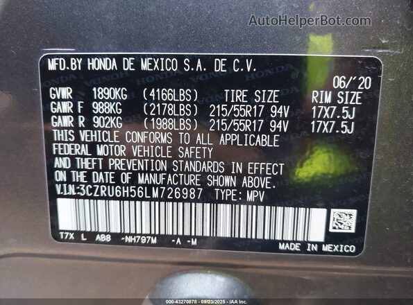 3CZRU6H56LM726987 2020 HONDA HR-V Gray Вид підкапотного простору