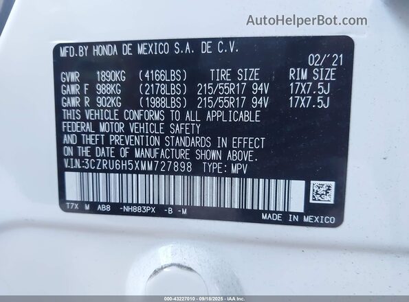 3CZRU6H5XMM727898 2021 HONDA HR-V Белый Вид подкапотного пространства