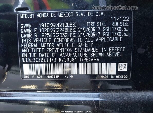 3CZRZ1H73PM720981 2023 HONDA HR-V Black Vista del compartimento del motor