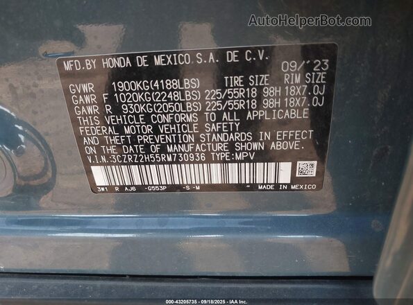 3CZRZ2H55RM730936 2024 HONDA HR-V Teal Շարժիչի բաժամունքի տեսք